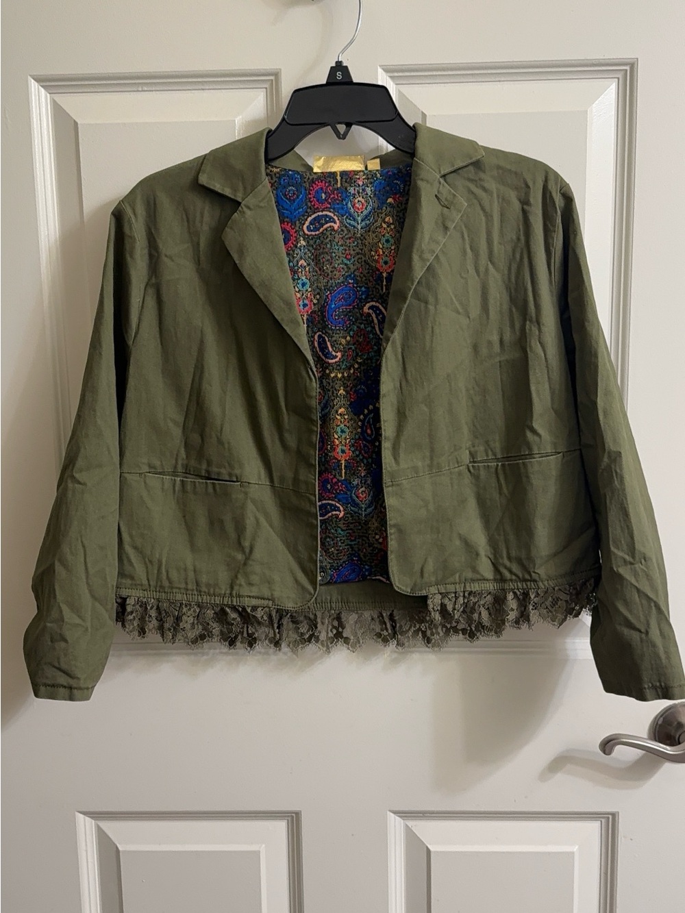 Vera Wang Olive Green Lace-Hem Open Front Jacket